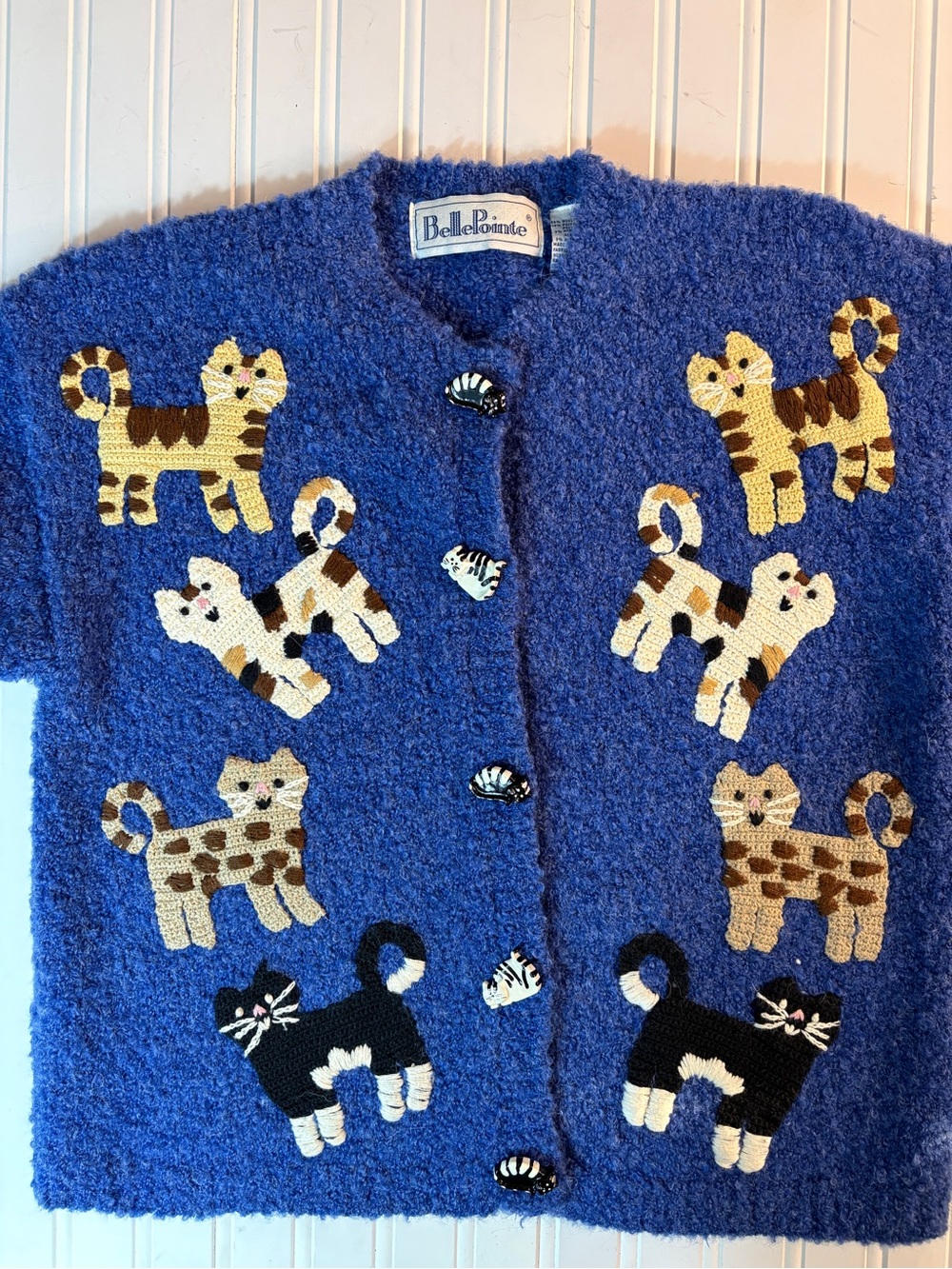 Vintage Granny Cat Appliqué Cardigan with cat buttons cozy whimsical